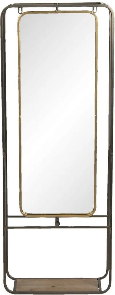 Oglinda de perete cu rama din fier negru auriu cu polita din lemn 42 cm x 16 cm x 112 cm