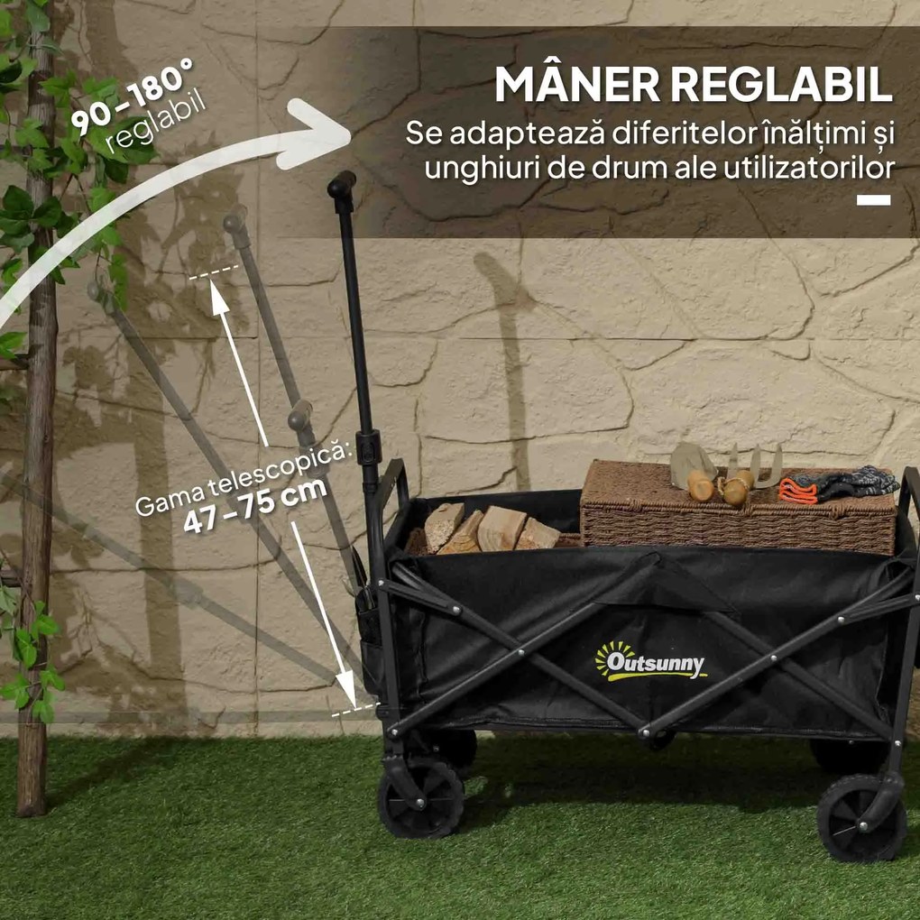 Outsunny Cărucior de Grădină Pliabil și Compact, Cărucior Multifuncțional cu Roți Universale și Mâner Reglabil pentru Sport, Camping, Cumpărături, Negru | Aosom Romania