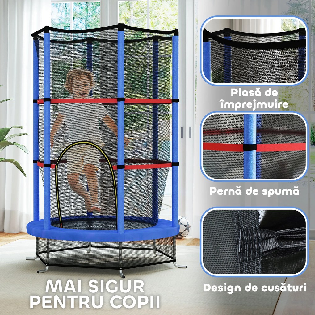 HOMCOM Saltea Elastică pentru Copii 3-6 Ani cu Plasă de Protecție, 6 Stâlpi și 3 Intrări, Ø140x190 cm, Albastru | Aosom Romania