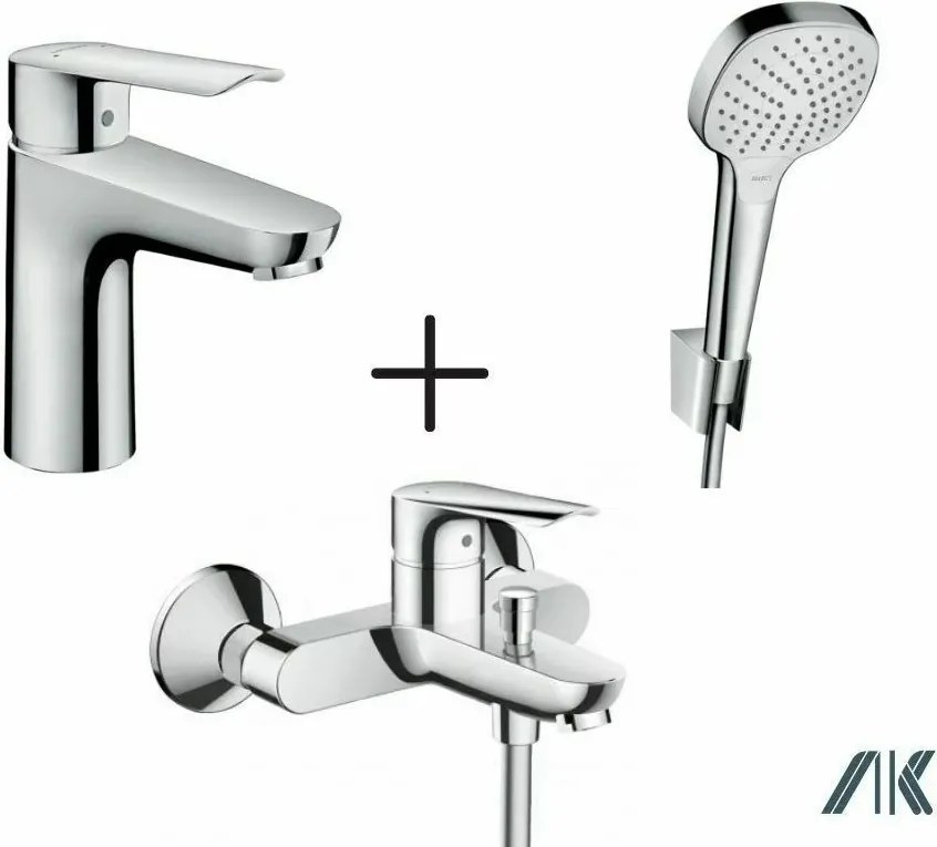 Set baterii Hansgrohe Logis E cu baterie lavoar, cada si set de dus cu porter crom