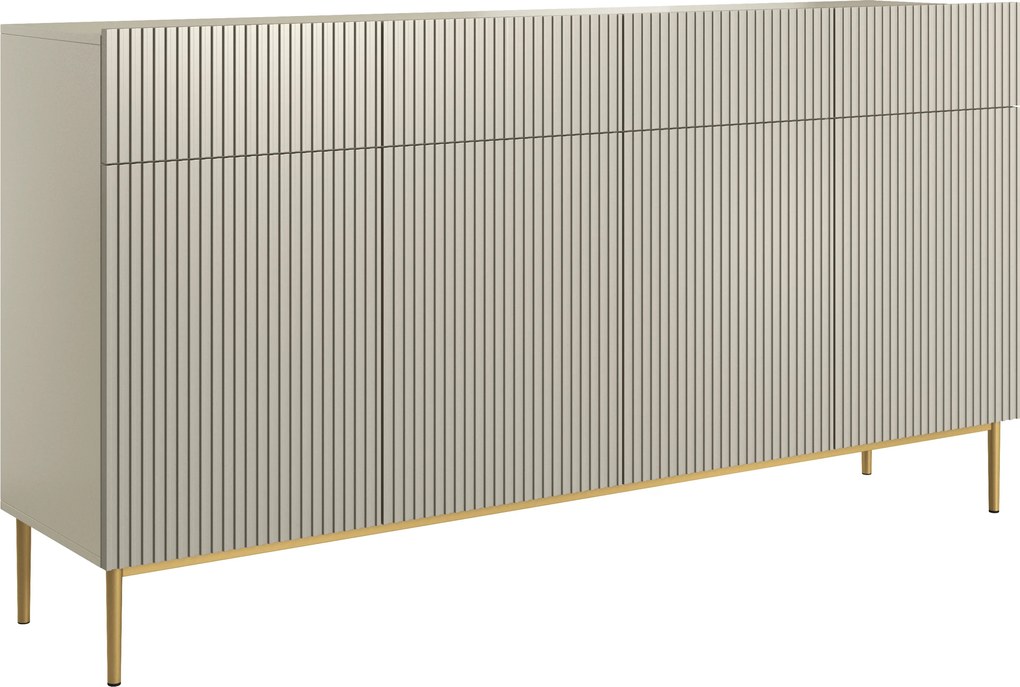 Comodă cu patru uși Nicole 200 cm cu sertare, fronturi riflate - casmir / picioare aurii