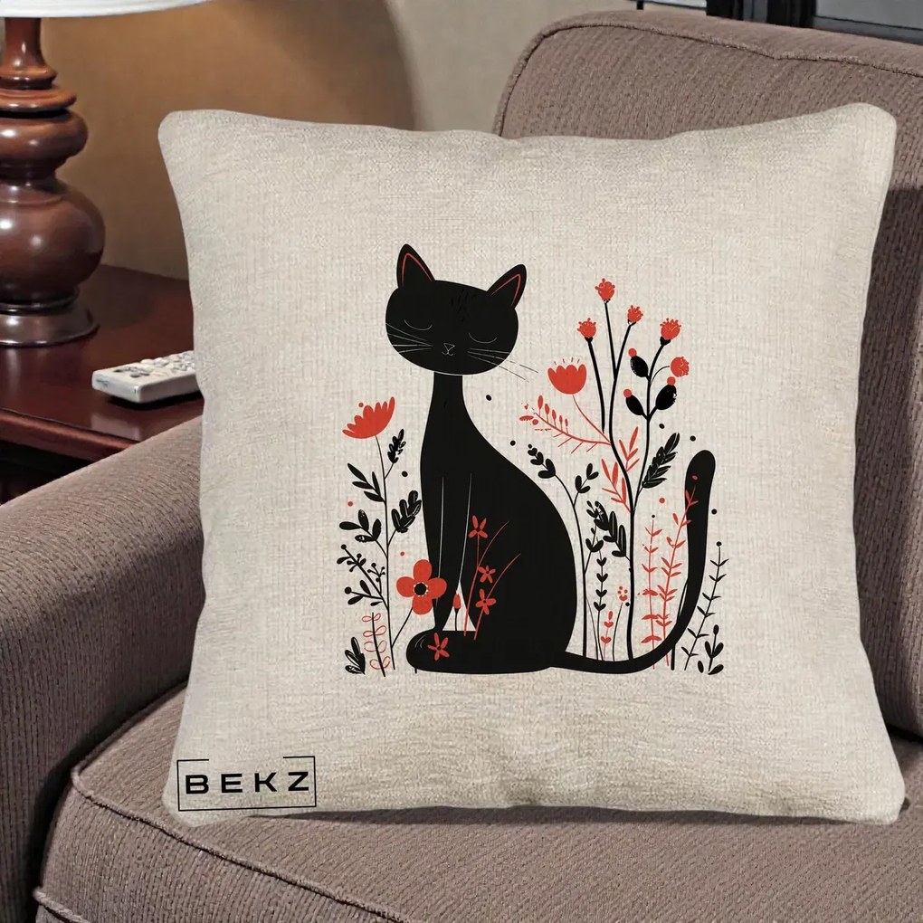 Perna Decorativa Pisica Neagra Flori Rosii Folk Minimal, 40x40 cm, Bej Canapea, Husa Detasabila, Perna Inclusa, BEKZ®