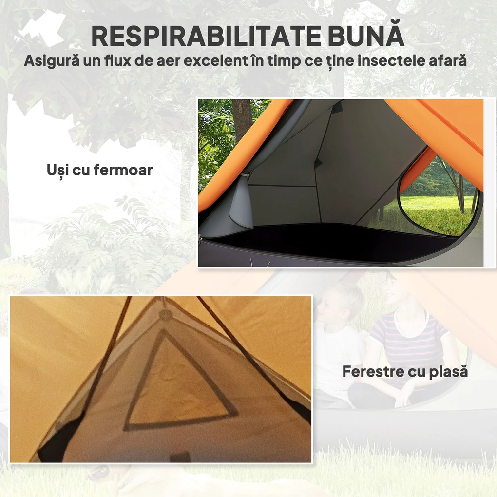Outsunny Cort de Camping pentru 2 Persoane cu 2 Uși, 2 Ferestre și Geantă de Transport, 280x225x110 cm, Portocaliu | Aosom Romania
