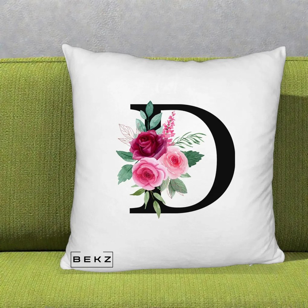 Cadou Personalizat - Perna Personalizata Monograma Florala Litera D, 40x40 cm, Alb Pufos, Husa Detasabila, Perna Inclusa, BEKZ®