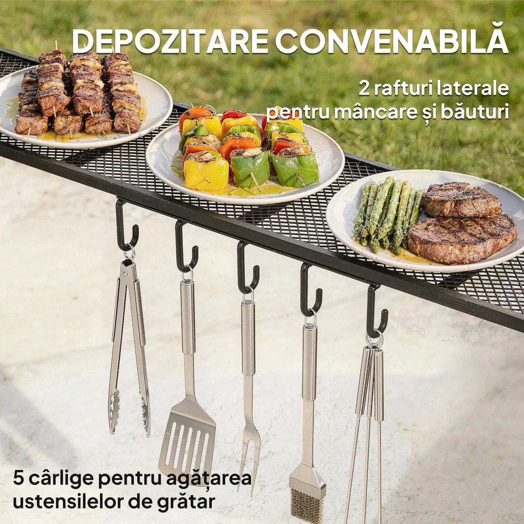 Outsunny Gazebo pentru Grătar 2.5x1.5 m, Pergolă pentru Grătar cu 2 Rafturi Laterale și Cârlige, Cadru din Oțel și Acoperiș din Poliester pentru Grădină, Gri Închis | Aosom Romania