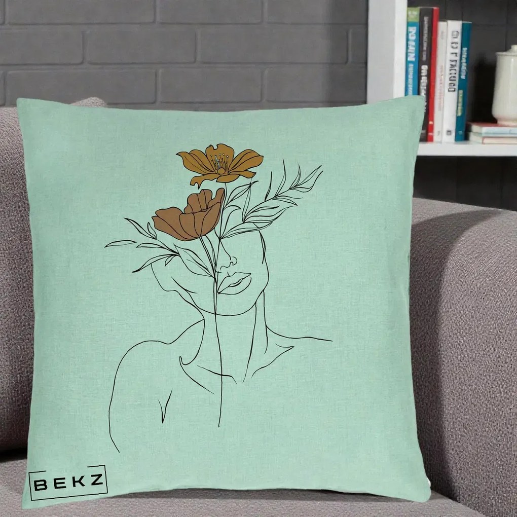Perna Decorativa Portret Feminin Doua Flori, 40x40 cm, Verde Menta, Husa Detasabila, Perna Inclusa, BEKZ®