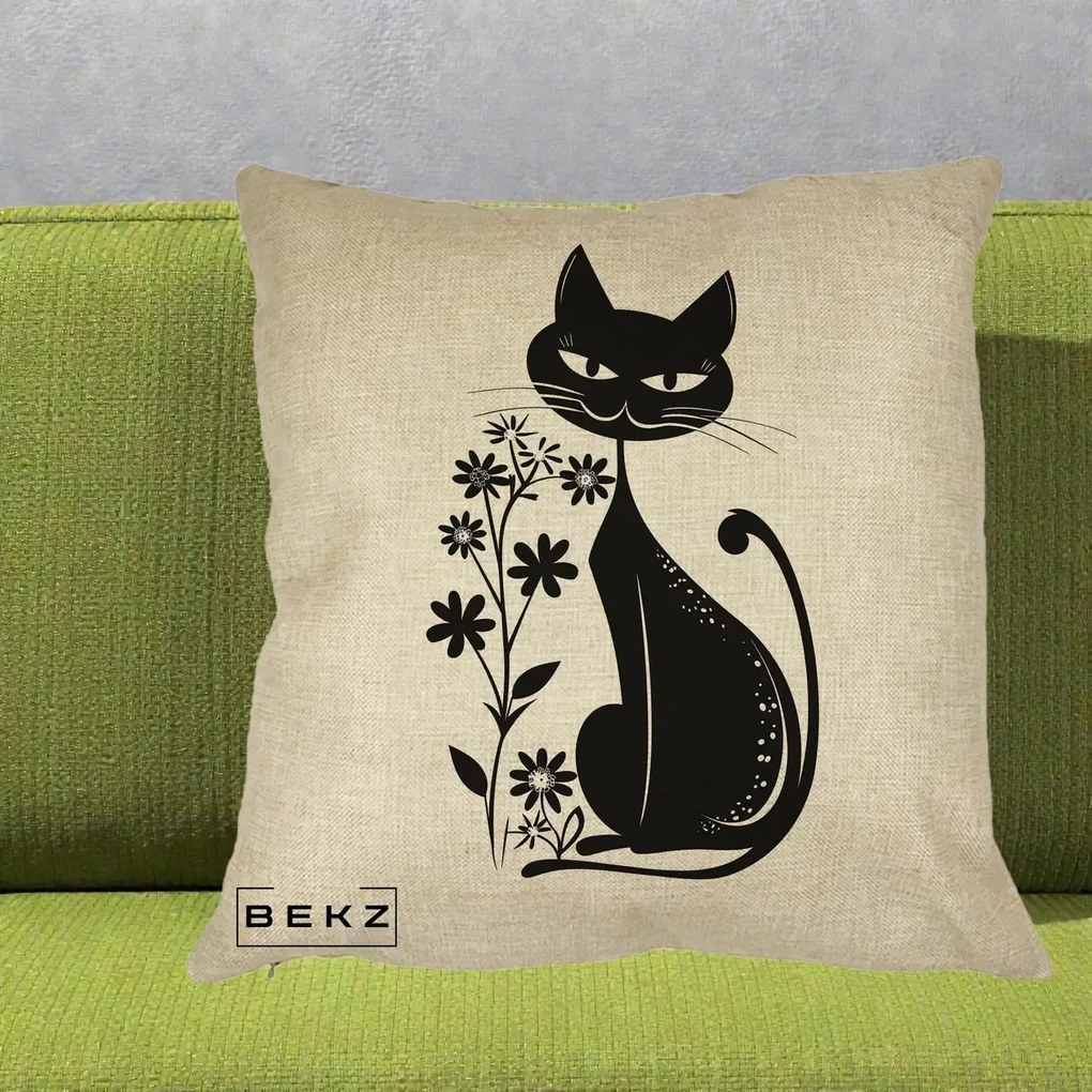 Perna decorativa Pisica Neagra Grafica Minimalista, 40x40 cm cu Umplutura, Crem, BEKZ