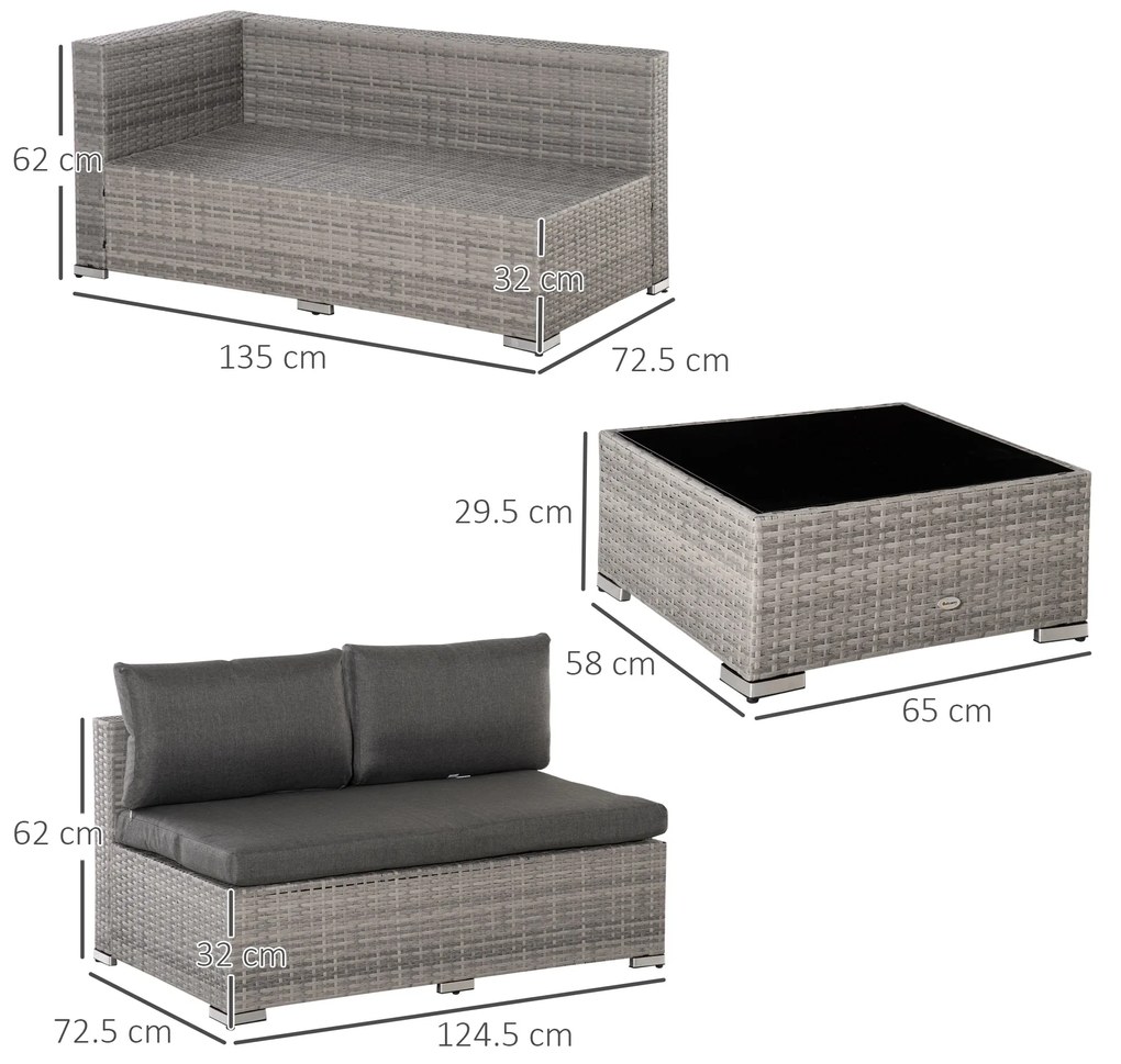 Set Mobilier de Gradina 4 Piese Outsunny, Ratan PE, 3 Canapele si 1, Perne Detasabile, Gri | Aosom Romania