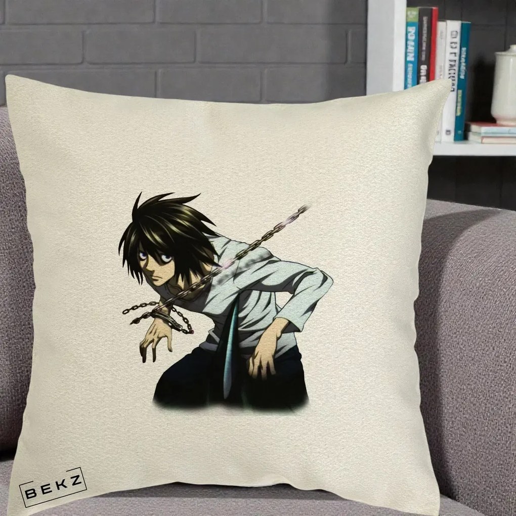 Perna Personalizata Death Note L Lawliet Lanturi, 40x40 cm, Ecru, Husa Detasabila, Perna Inclusa, BEKZ®
