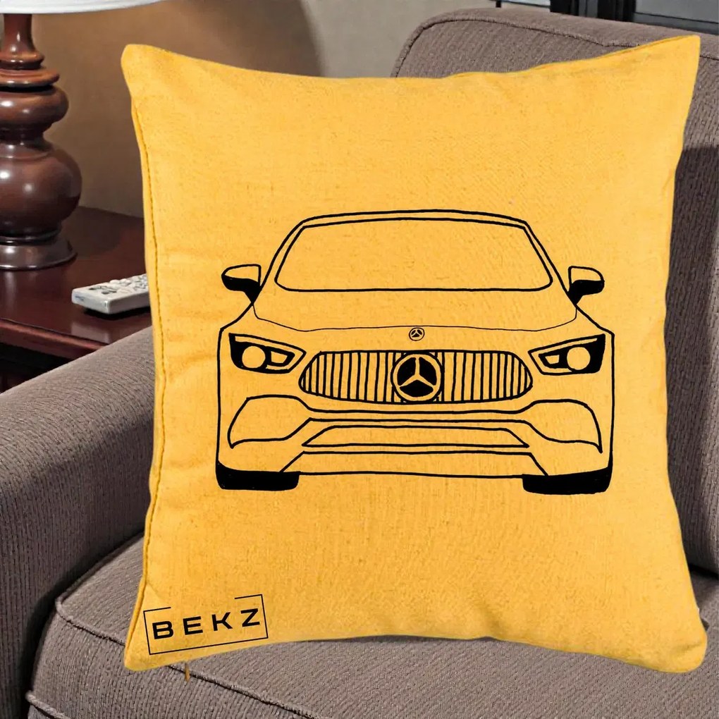 Perna Personalizata Mercedes-Benz Fata Linie, 40x40 cm, Galben, Husa Detasabila, Perna Inclusa, BEKZ®
