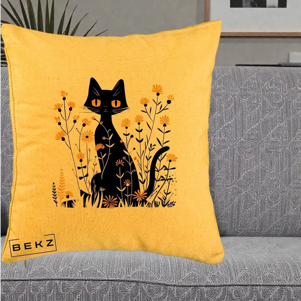 Perna Decorativa Pisica Neagra Ochi Galbeni Flori Galbene, 40x40 cm, Galben, Husa Detasabila, Perna Inclusa, BEKZ®