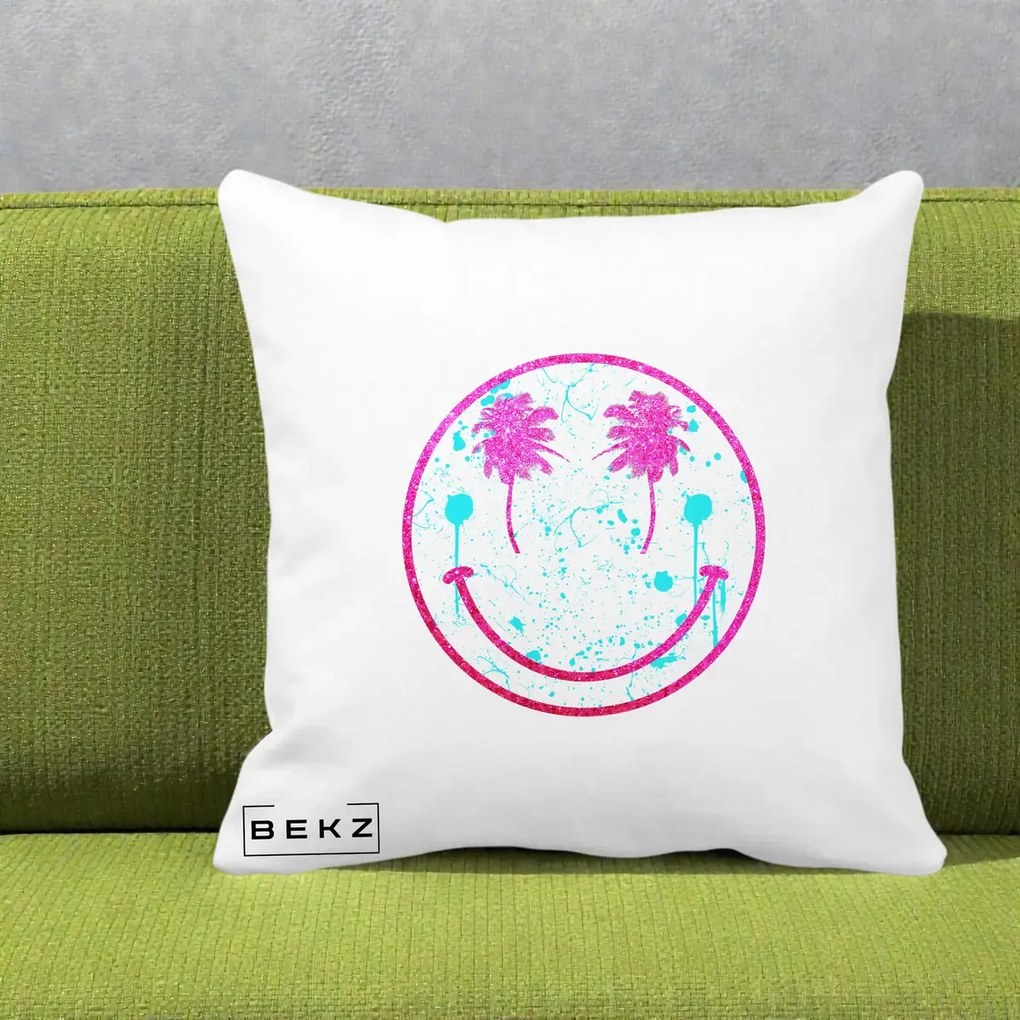 Perna Decorativa Smiley Face Tropical Glitter Roz, 40x40 cm, Alba Mata, Husa Detasabila, Perna Inclusa, BEKZ®