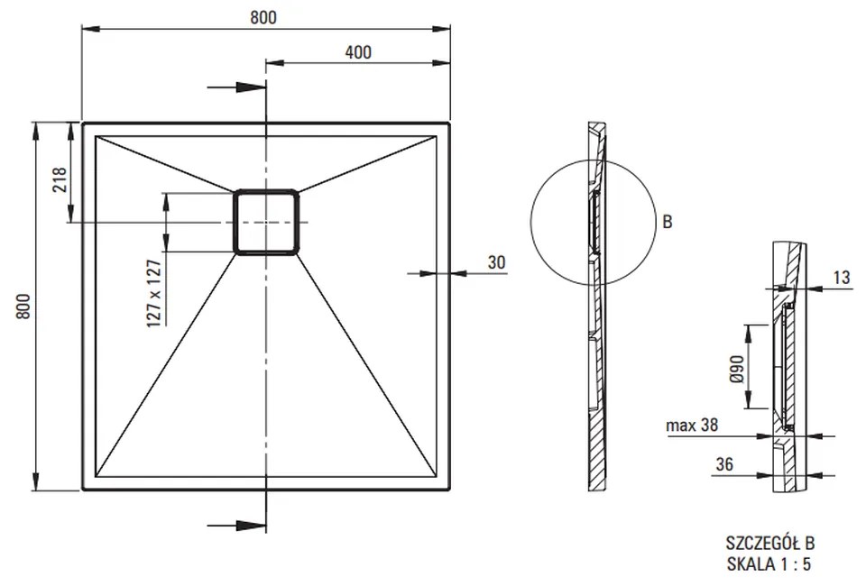 Cadita dus compozit slim patrata gri 80x80 cm Deante Correo Square Gri, 800x800 mm