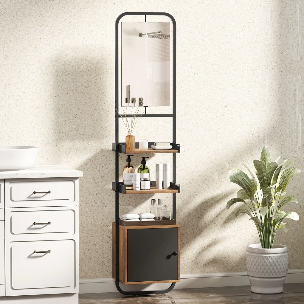 HOMCOM Raft baie depozitare cu mirror, raft de depozitare cu rafturi reglabile și dulap, 40x30x179cm, negru | Aosom Romania