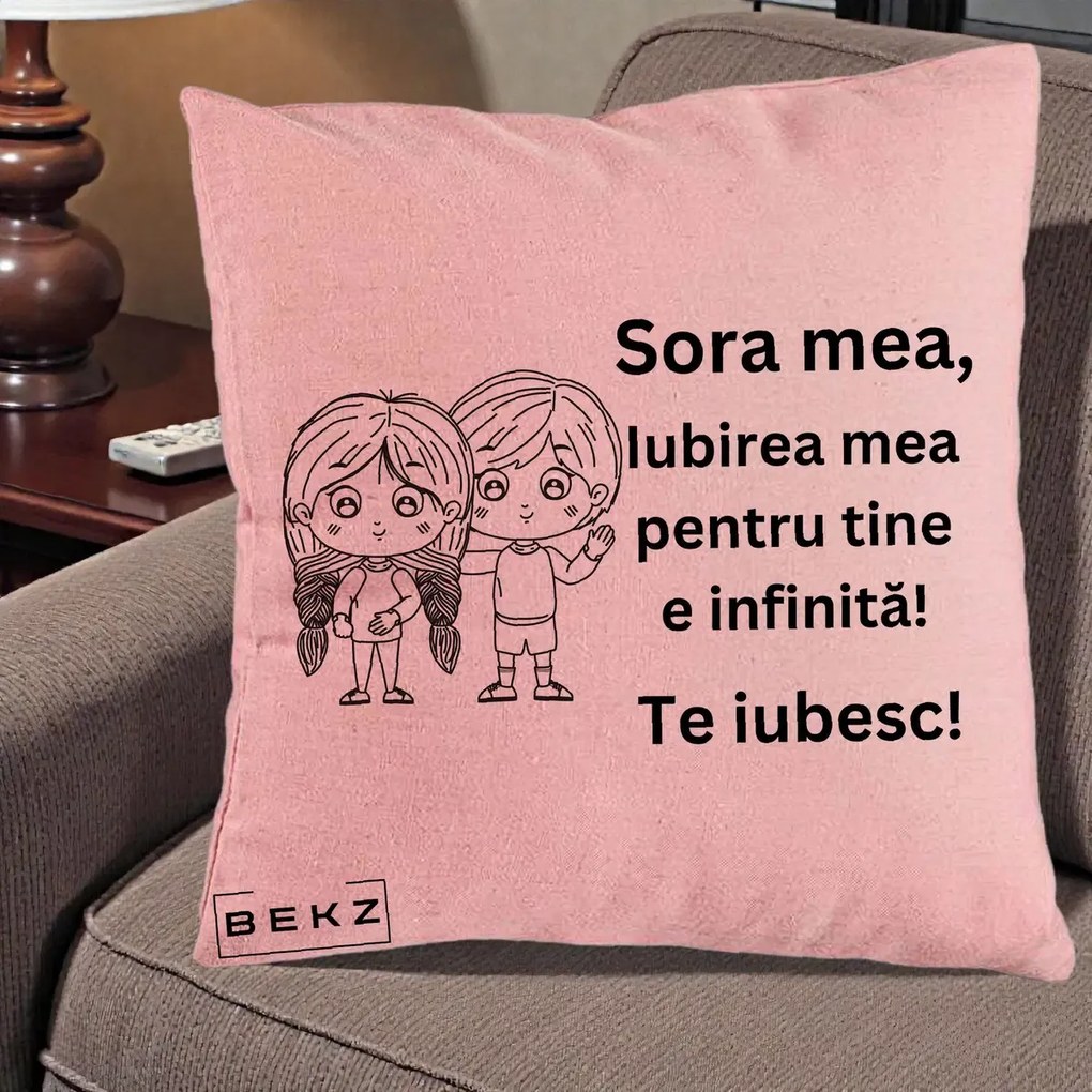 Cadou pentru Sora - Perna Personalizata Sora Mea Te Iubesc Copii Anime Line Art, 40x40 cm, Roz, Husa Detasabila, Perna Inclusa, BEKZ®