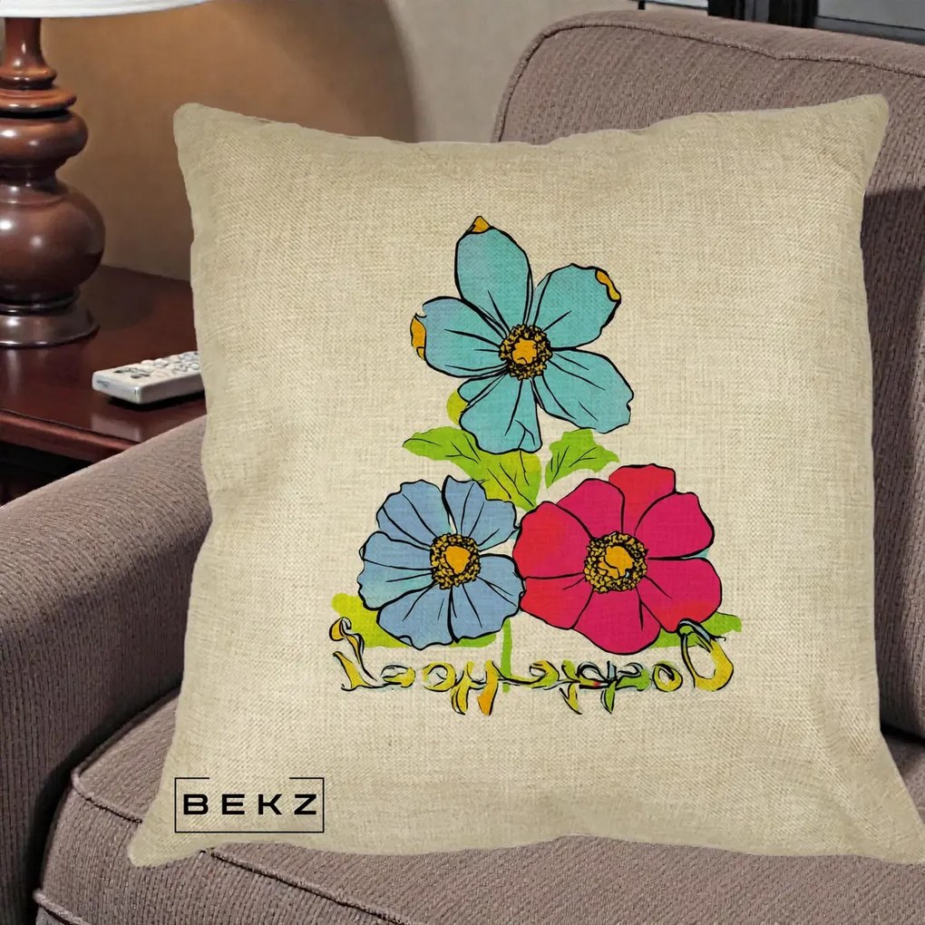 Perna Decorativa Trei Flori Grafice Pop Art, 40x40 cm, Crem, Husa Detasabila, Perna Inclusa, BEKZ®