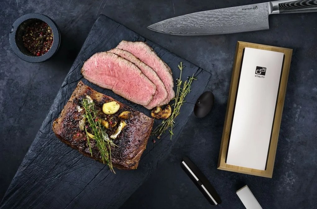 Set de cuțite G21 Damascus Premium în bloc debambus, 4 bucăți + piatră de ascuțit