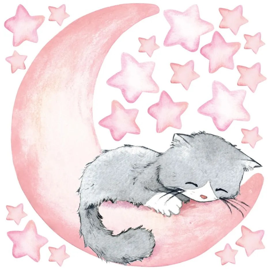 Autocolante de perete pentru camera copiilor Ambiance Magic Cat, roz