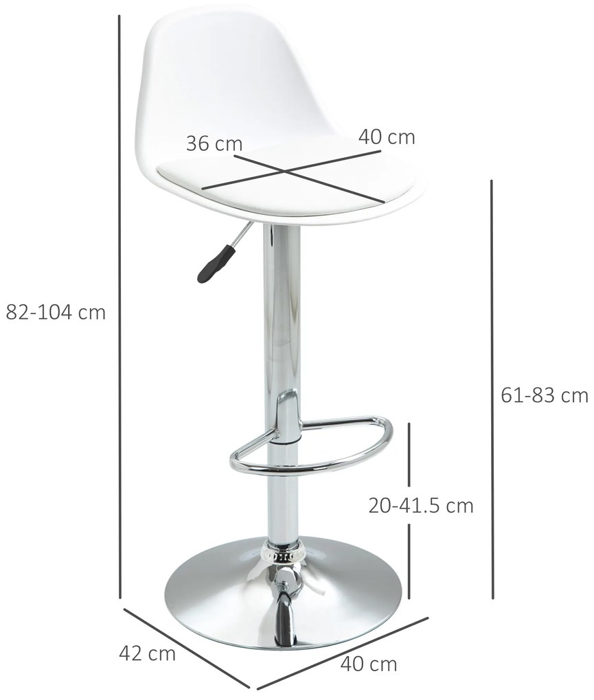 Set de 2 scaune de bar cu spatar si suport picioare, pivotante cu inaltime reglabila, 40x42x82-104cm, alb HOMCOM | Aosom Romania