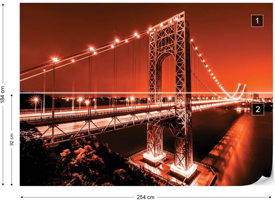 Fototapet GLIX - City Skyline Bridge At Night Red + adeziv GRATUIT Tapet nețesute - 254x184 cm