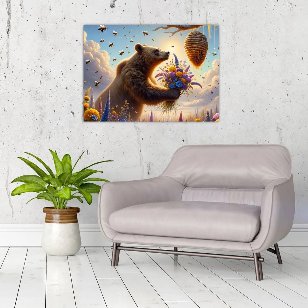 Tablou pe sticlă - Ursul și albinele (70x50 cm)
