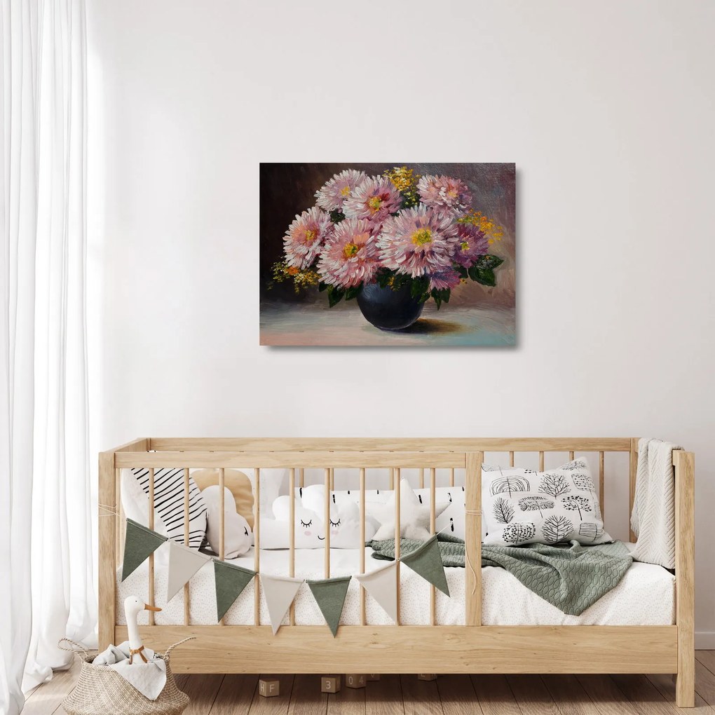 Tablou pe sticlă - Pictură în ulei, flori în vază (70x50 cm)