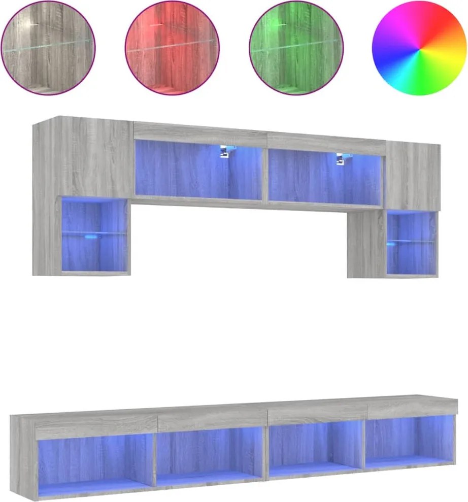 vidaXL Unități de perete TV cu LED-uri, 6 piese, gri sonoma, lemn