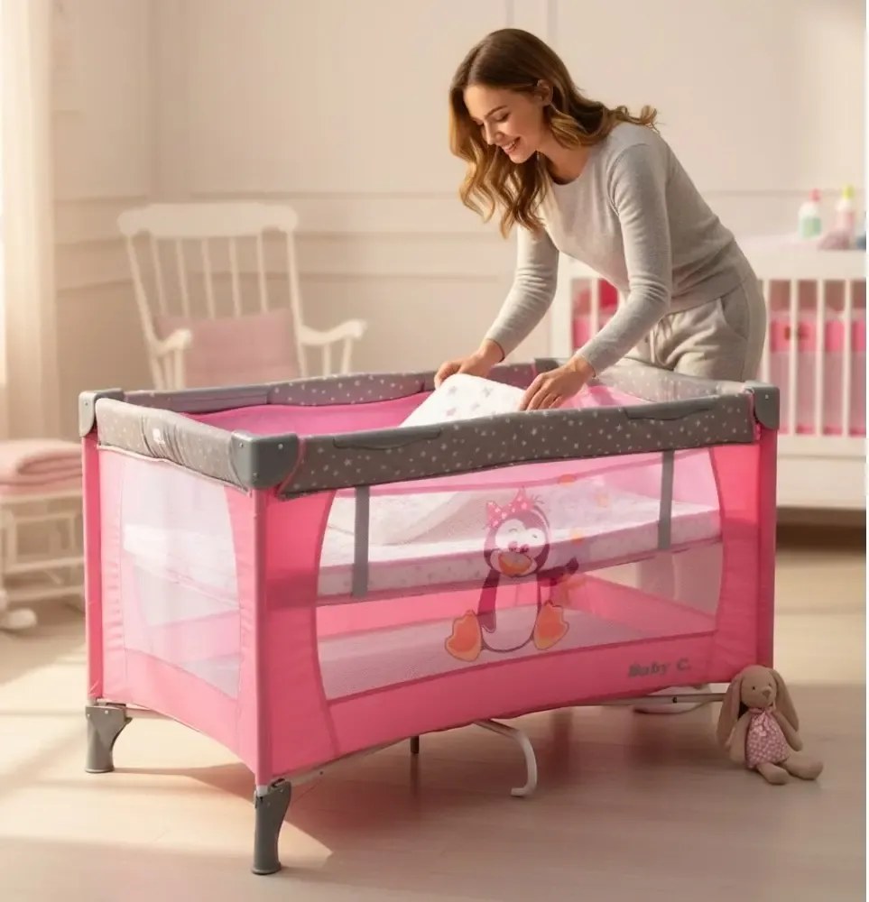 Patut Pliabil si Tarc copii Baby Care™ PRO FMG, 120X60 cm, 2 Niveluri de inaltime, Cu geanta transport inclusa, Plasa insecte, Roz