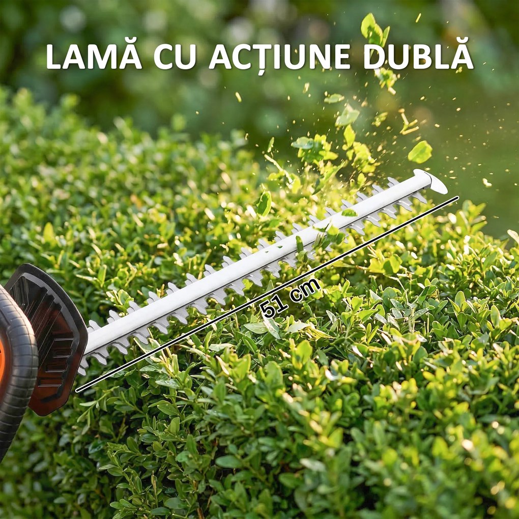 Outsunny Foarfecă de Tuns Gard Viu pe Baterie 18V, cu Baterie de 2Ah, Încărcător, Lamă Dublă de 51cm pentru Crengi, Arbuști și Ramuri, Portocaliu | Aosom Romania