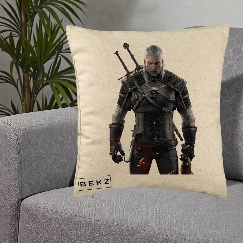 Perna Personalizata The Witcher Geralt of Rivia Portret, 40x40 cm, Bej, Husa Detasabila, Perna Inclusa, BEKZ®