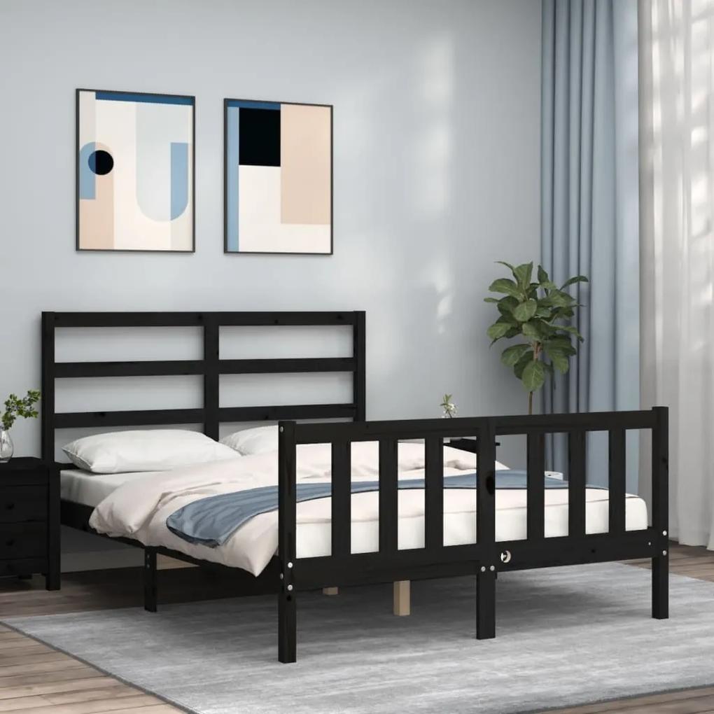 3191880 vidaXL Cadru de pat cu tăblie dublu mic, negru, lemn masiv