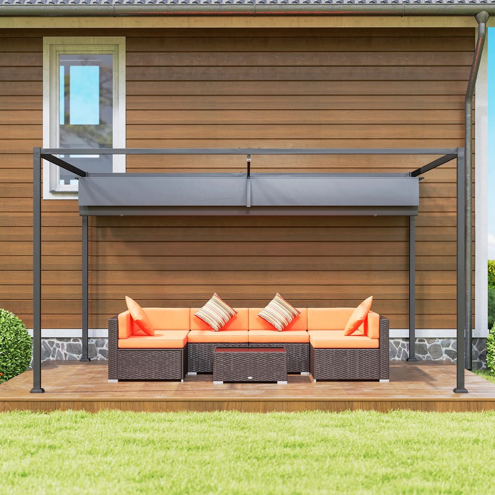 Outsunny Pergolă Gazebo 4x3 m cu Acoperiș Retractabil, Orificii de Drenaj, Țepușe și Șuruburi, Pergolă pentru Grădină din Poliester și Metal, Gri Închis | Aosom Romania