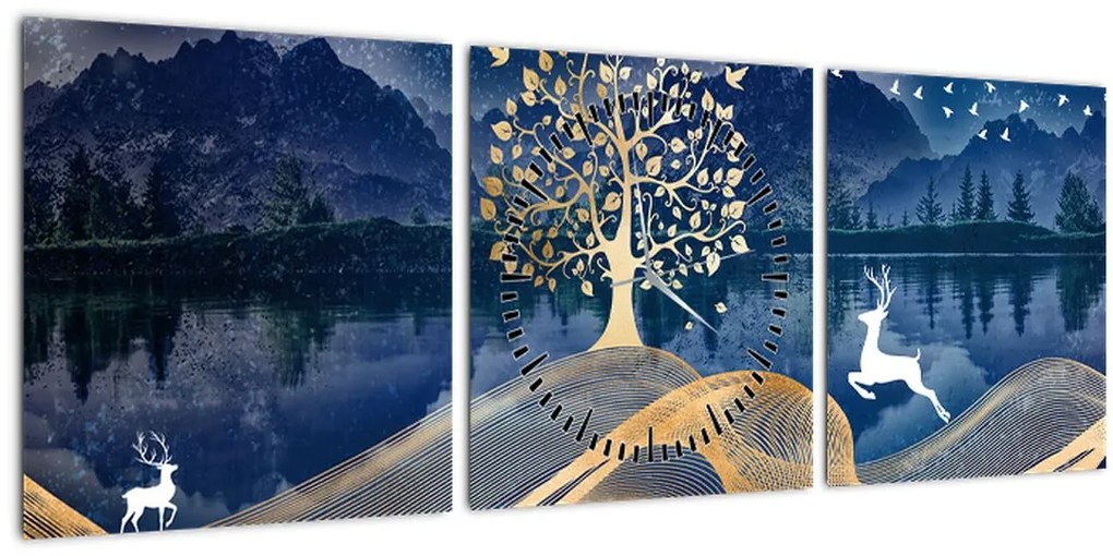 Tablou - Cerbi în luna plină (cu ceas) (90x30 cm)