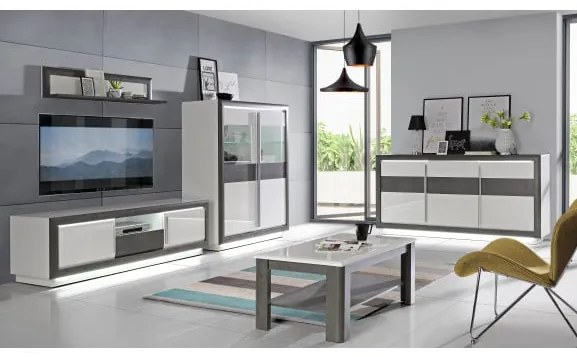 Comoda TV Cuantico Alb, Beton Optic Gri Inchis Si Alb Super Lucios, 192.7 Cm