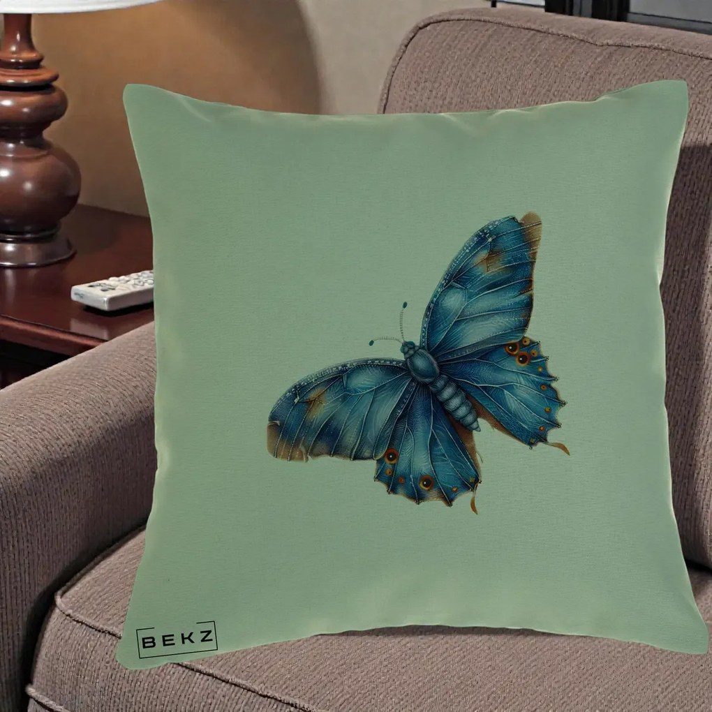 Perna Decorativa Fluture Albastru Satin cu Pete Aurii, 40x40 cm, Verde, Husa Detasabila, Perna Inclusa, BEKZ®