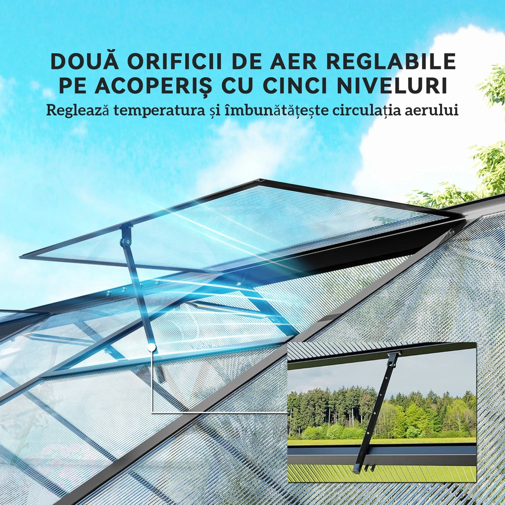 Seră de grădină Outsunny din aluminiu și policarbonat, 7,5㎡, cu ușă cu balamale, 2 ferestre reglabile, sistem de drenaj, anti-UV, 304x247x205cm, negru | Aosom Romania