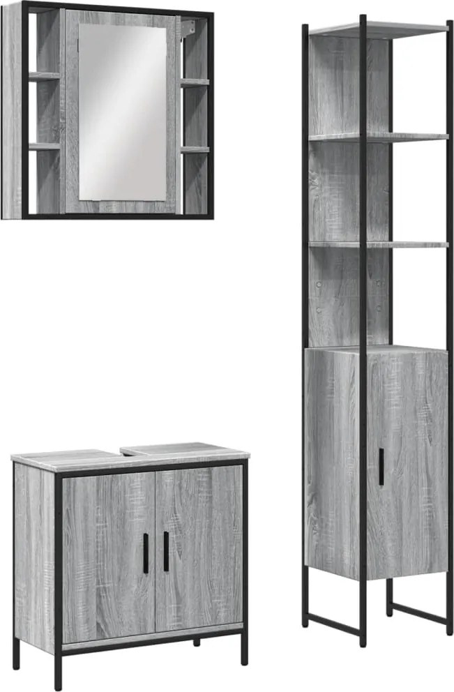 vidaXL Set dulapuri de baie, 3 piese, gri sonoma, lemn prelucrat