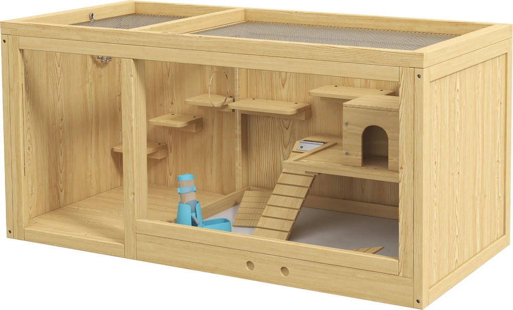 PawHut Cușcă pentru animale mici, Molid, inclusiv accesorii și bol pentru apă, 100 x 50 x 50 cm, Natur | Aosom Romania