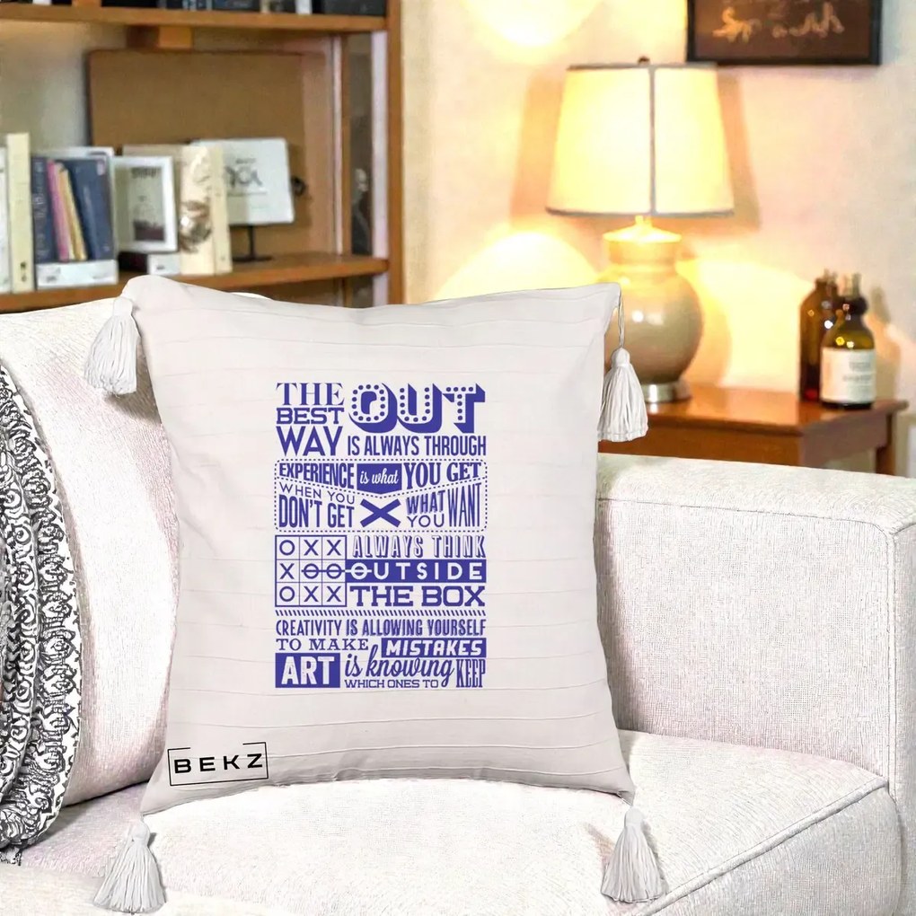 Perna Decorativa Citate Creativitate Albastru, 40x40 cm, Bej cu Franjuri, Husa Detasabila, Perna Inclusa, BEKZ®