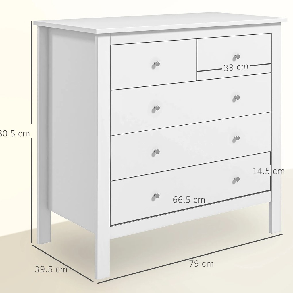 HOMCOM Comodă cu 5 sertare, mobilier de depozitare, cu mânere, șine metalice, din lemn, 79l x 39,5P x 80,5H cm, alb | Aosom Romania