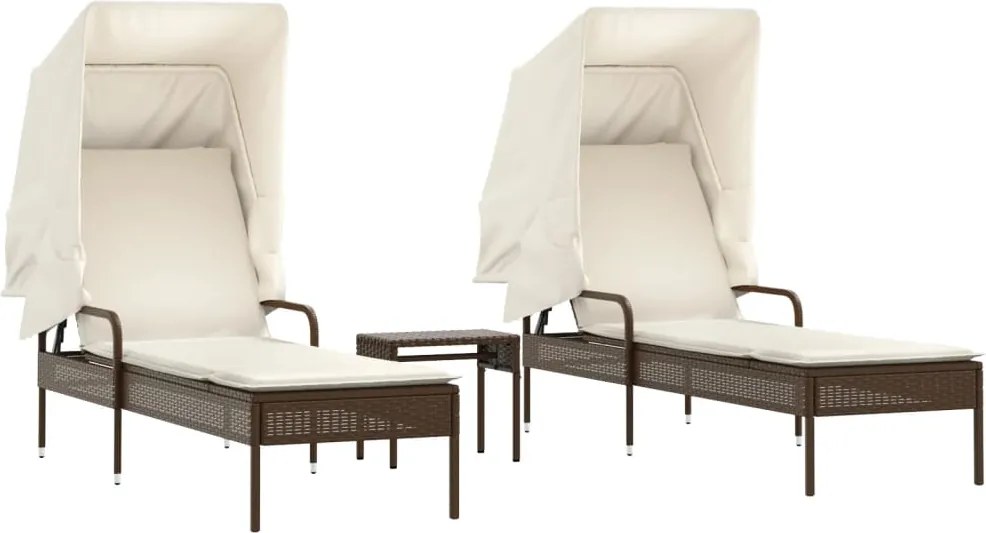 vidaXL Șezlonguri, 2 buc., cu baldachine și masă, maro, poliratan