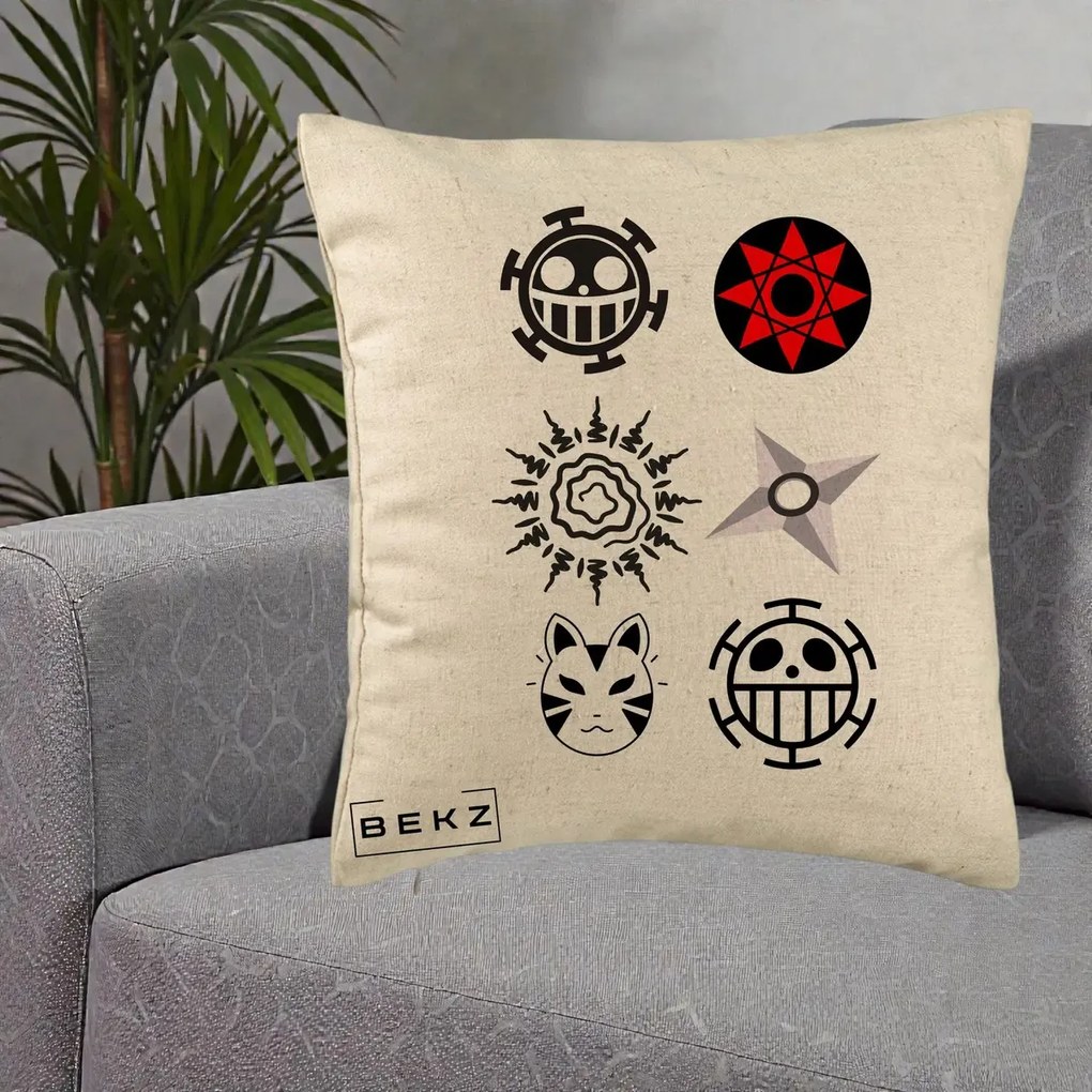 Perna Personalizata Simboluri Anime Mix - Naruto One Piece, 40x40 cm, Bej, Husa Detasabila, Perna Inclusa, BEKZ®
