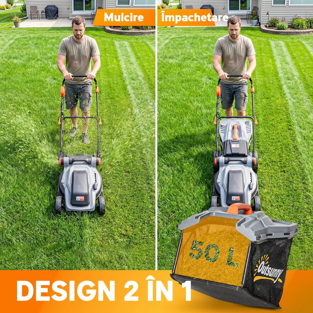 Outsunny Mașină de Tuns Iarba Electrică 1800W cu Lățime de Tăiere de 40cm, Funcție Mulching și Sac de 50L, Mâner Reglabil și Detașabil, 6 Niveluri de Tăiere, Gri Deschis | Aosom Romania