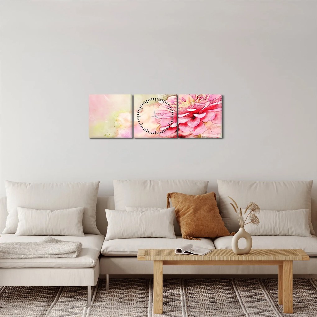 Tablou - Floare roz, aquarel (cu ceas) (90x30 cm)