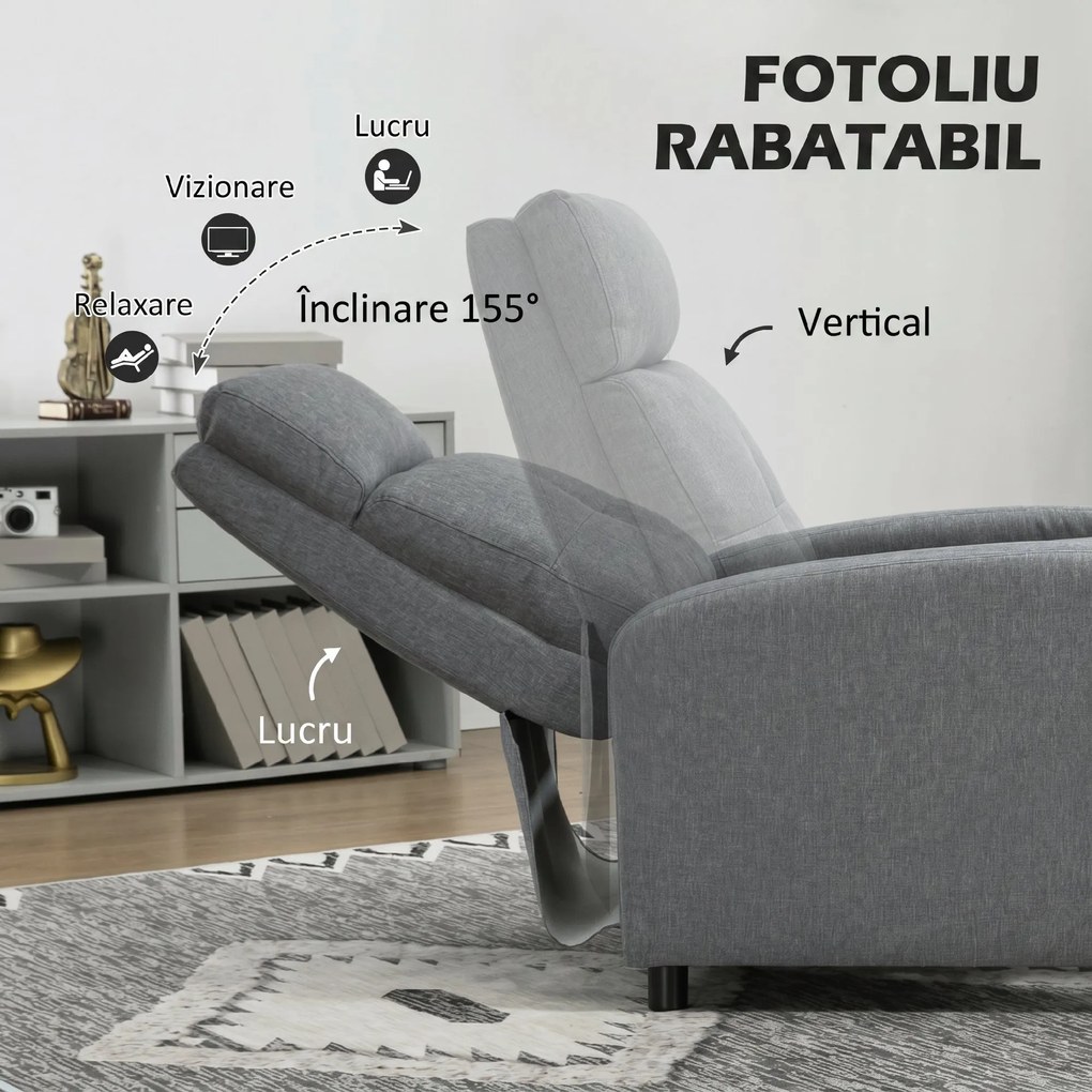 HOMCOM Fotoliu Reclinabil 155° max în Țesătură cu Efect de In Gri cu Suport pentru Picioare, 67x87x98 cm | Aosom Romania
