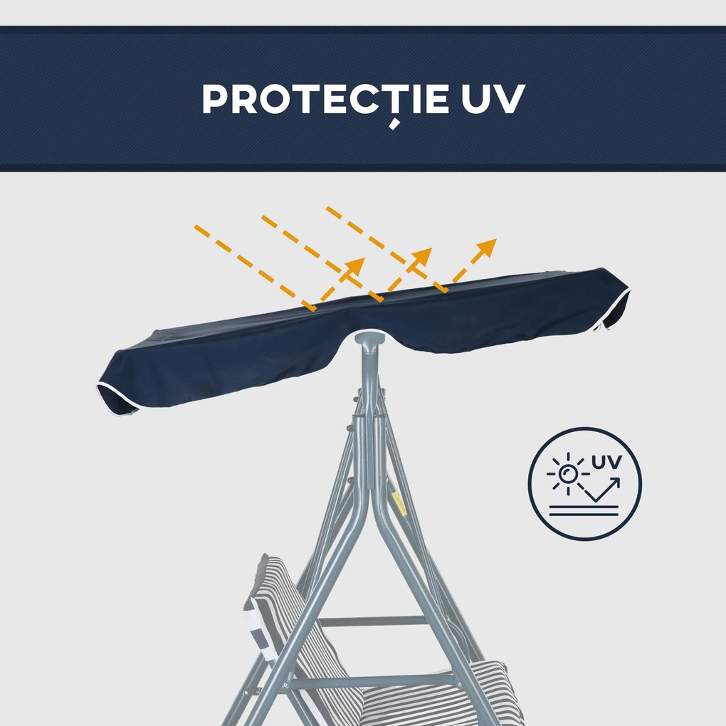 Outsunny Leagăn de Grădină cu 3 Locuri cu Acoperiș Solar, Balansoar în Aer Liber cu Structură din Oțel și Poliester, 172x110x153 cm, Alb și Albastru | Aosom Romania