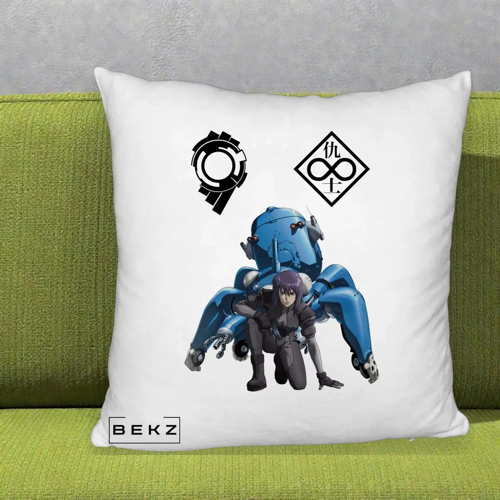 Perna Personalizata Ghost in the Shell Motoko si Tachikoma, 40x40 cm, Alb Pufos, Husa Detasabila, Perna Inclusa, BEKZ®