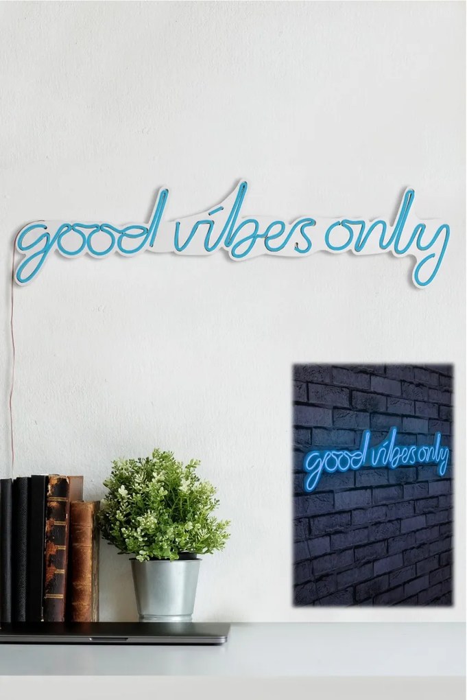 Decoratiune luminoasa LED de perete Good Vibes Only Albastru 76x19x2 cm