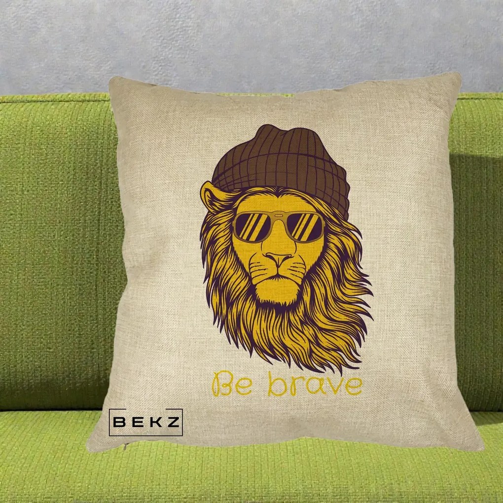 Perna Decorativa Leu Hipster Be Brave, 40x40 cm, Crem, Husa Detasabila, Perna Inclusa, BEKZ®