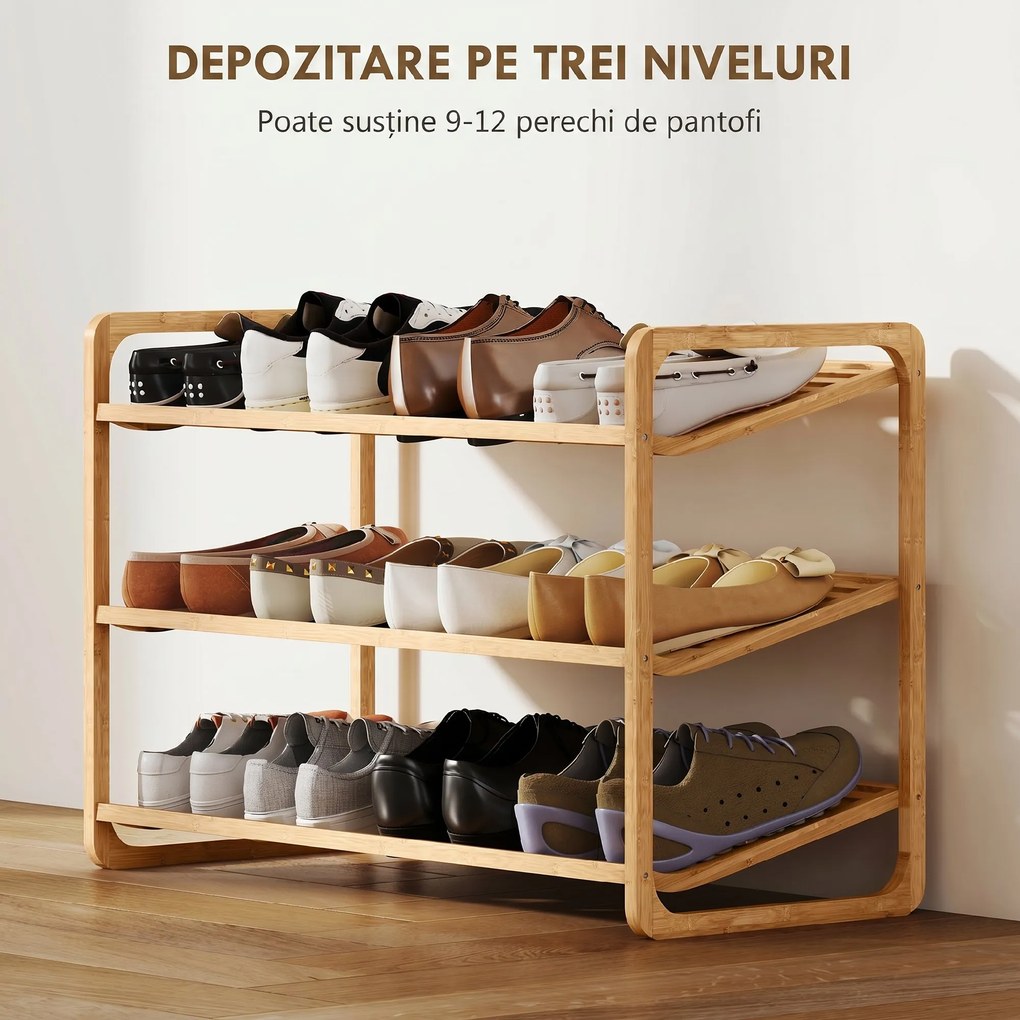 HOMCOM Etajeră pentru pantofi cu 3 rafturi pentru 12 perechi de pantofi din bambus 76x33x50.8 cm | Aosom Romania